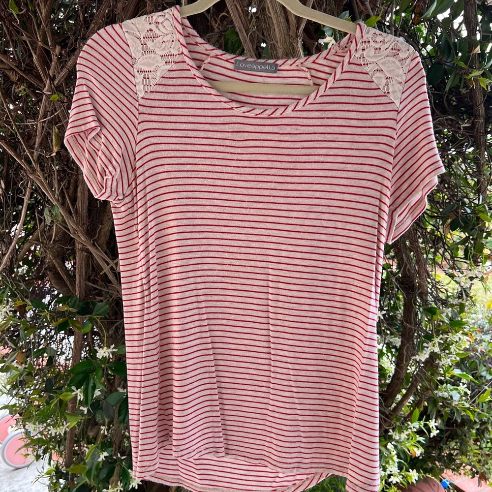 Red & beige striped shirt with lace shoulder detail